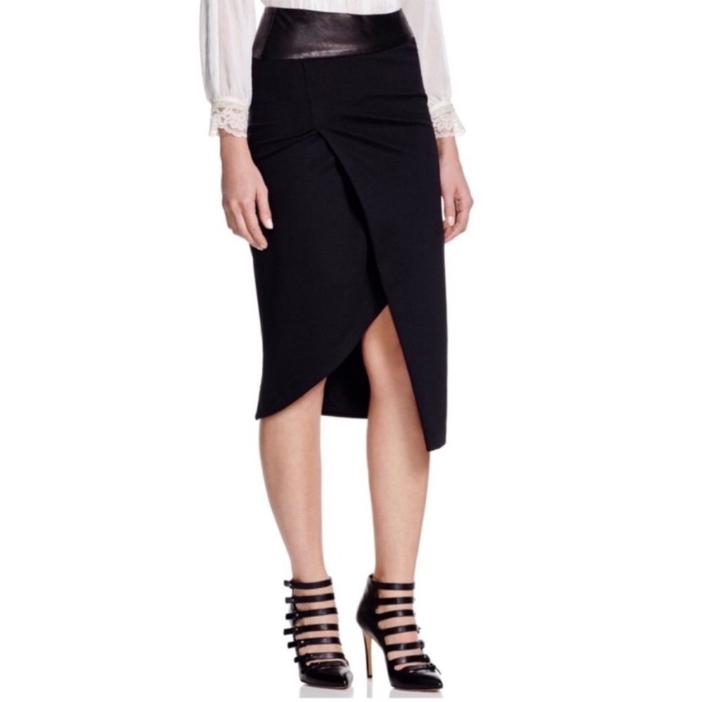 Alice + Olivia Pencil Asymmetrical Skirt Black Size 4 Mesh Slit Leather Waist